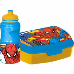 MARVEL Marvel Set borraccia da 380 ml e Sandwich Box blu per bambini in plastica Spiderman con banda antiscivolo e chiusura d ...
