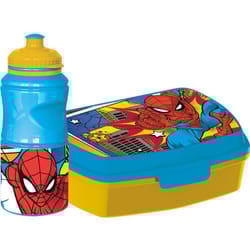 Marvel - Set borraccia da 380 ml e Sandwich Box blu per bambini in plastica Spiderman con banda antiscivolo e chiusura di sicurezza