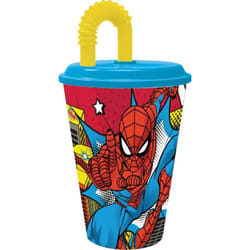Marvel Bicchiere azzurro e giallo per bambini in plastica Spiderman Uomo Ragno 430 ml con cannuccia e coperchio flessibile