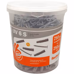 Secchiello da 250 tasselli UV in nylon universali da 6 mm e 250 viti a testa svasata piana con impronta pozidriver. Adatti, a ...