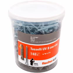 Secchiello da 140 tasselli UV in nylon universali da 8 mm e 140 viti a testa svasata piana con impronta pozidriver. Adatti, a ...