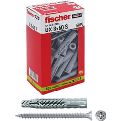 50 Tasselli ux con vite, 8 x 50 mm con vite, per Muro pieno, Mattone Forato, Cartongesso, 542456, Grigio - Fischer