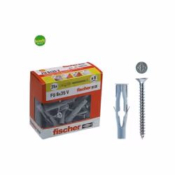 Dalla linea di articoli dedicati ai fissaggi e ancoraggi a marchio Fischer, il kit di tasselli FU 6 X 35 V Y e viti dalla tes ...