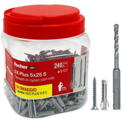 Propack sx Plus 5 s, 240 Tasselli 5x25 con Vite + Punta Trapano sds 5mm, Riutilizzabile, per Fissaggio su Cemento e Muratura 570205 - Fischer