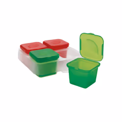 Quattro piccoli contenitori monodose da 100 ml estraibili singolarmente adatti a conservare, in frigo o in freezer, aromi, sp ...