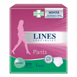 Lines Specialist Pants Discreet sono pannolini a mutandina da donna utile in caso di perdite di urina. Confezione da 7 pezzi