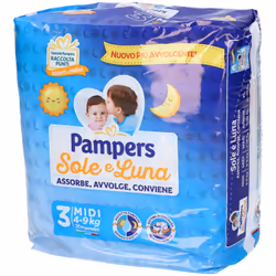 Pampers Sole e Luna sono pannolini dotati di uno speciale filtrante assorbente ideale per prevenire le irritazioni sulla pell ...