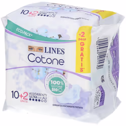 Lines Cotone Bio Ultra sono assorbenti intimi in 100% cotone, ideali per una protezione sicura e delicata sulla pelle.