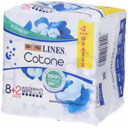 Lines Cotone Bio è un prodotto utile per assorbire il flusso intenso del ciclo mestruale durante la notte e avere una sensazi ...