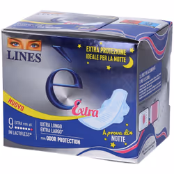 Lines E' Extra Carry Pack 9 pezzi è l'assorbente più lungo e largo della gamma, ideale per la notte. Offre massima assorbenza ...