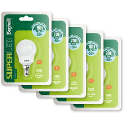 Beghelli - Lampadine LED E14 Luce Fredda 7W, 700lm, 6500K, Lampada Sfera SUPER Led, Efficiente, Facile da Installare, 15000 Ore, Gruppo 5pz, Colore:
