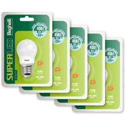 Beghelli - Lampadina LED E27 Luce Fredda, SUPER Led Sfera 5W, 450lm, 6500K, 5 Pack da 1 Lampadina, Efficiente, Facile Installazione, 15000 Ore