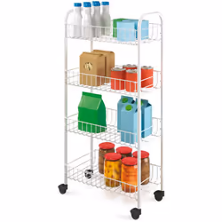 Carrello portatutto Pisa con ruote girevoli, quattro cesti e un rivestimento di plastica antiruggine. Colore bianco. Carrello ...