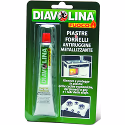 Diavolina Piastre e Fornelli è la pasta antiruggine metalizzante specifica per pulire e lucidare piastre, cucine economiche, ...