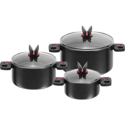 Set di 3 Pentole, 3 Pezzi, con 3 Coperchi, Rivestimento Antiaderente, Alluminio/Impugnature in Plastica, Click & Cook, Nero - Ballarini