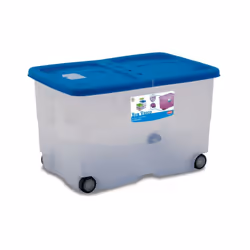In PVC. Con ruote e coperchio a doppia apertura. A tre colorazioni assortite (silver/trasparente - blu/trasparente - verde/tr ...