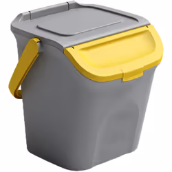 Pattumiera a secchio 28L con base grigia, coperchio completamente ribaltabile in grigio con sportello giallo. Manico giallo e ...