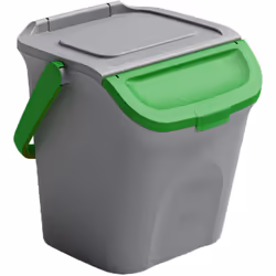 Pattumiera a secchio 28L con base grigia, coperchio completamente ribaltabile in grigio con sportello verde. Manico verde erg ...
