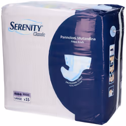 Serenity Classic Maxi sono pannoloni utili per le perdite di urina e sono disponibili nella taglia L. Confezione da 15 pezzi. ...