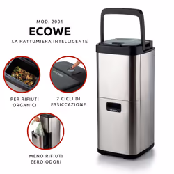 Ariete 2001 Ecowe, Pattumiera Intelligente, 60W/h, Essiccatore di rifiuti organici, Riduce il volume dei rifiuti organici, 2 cestelli, Antiodore, Coperchio a pressione, Ruote, Carboni attivi, Silver