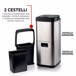 Ariete 2001 Ecowe, Pattumiera Intelligente, 60W/h, Essiccatore di rifiuti organici, Riduce il volume dei rifiuti organici, 2 cestelli, Antiodore, Coperchio a pressione, Ruote, Carboni attivi, Silver