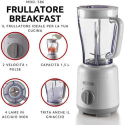 Frullatore Breakfast 586, Frullatore Elettrico con 4 Lame in Acciaio Inox, 2 Velocità + Funzione Pulse, Piedini Antiscivolo, Coperchio Superiore,
