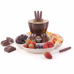 Descrizione Servizio fonduta cioccolato. Set composto da 8 pezz. Ppiatto: cm.25. Fonduta: altezza totale cm.12. Ciotola sciog ...