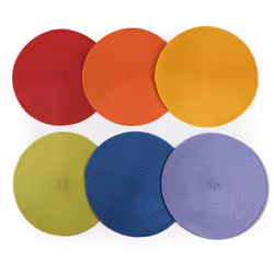 Set 6 tovagliette. Linea: Round. Materiale: polipropilene intrecciato. Diametro: cm.36. Colore: rosso, giallo, verde, arancio ...