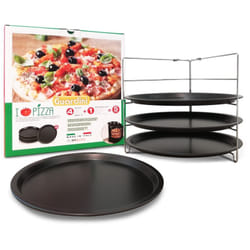 Guardini - Pizza&Mania, Set 4 Tegami Pizza Ø28cm in Acciaio con Rivestimento Antiaderente, Colore Nero + 1 Griglia Porta Tegami in Acciaio