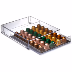 Cassetto portacapsule con 2 griglie. Lavazza, Nespresso, Bialetti e Dolce Gusto. Dimensione 31 x 24.5 x 5.5 cm.