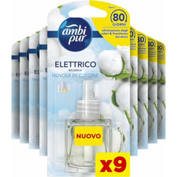 Ambipur - Ambi Pur Profumatore per Ambienti, 9 Ricariche per Diffusore Ambiente, Fragranza Nuvole di Cotone, Deodorante Ambienti Elimina Odori, Fino