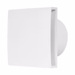 Aspiratore elettrico dotato di timer con finitura bianca. Il prodotto è di dimensioni 140x130 mm con l'uscita per tubo dal di ...