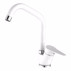 Miscelatore monocomando per lavello realizzato in ottone con finitura color bianco opaco. L’articolo è dotato di bocca alta g ...