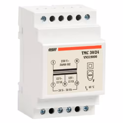 Trasformatore modulare di sicurezza Vemer, con le seguenti caratteristiche: Tensione primaria 230 Vac 50/60Hz Tensione second ...