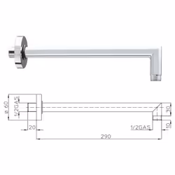 Braccio doccia in ottone 350 mm, a 90° ø 21 mm 1/2"MM con rosone