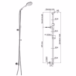 Asta murale estensibile in ottone, cm 90 -150 - ø 24 mm, supporto inferiore con alimentazione acqua - Doccia monogetto regola ...