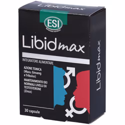 ESI Libid Max è un integratore con ginseng, maca, Ginkgo biloba, Tribulus, zinco e vitamine B6 e D, ideale per vitalità, il t ...