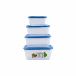 Confezione da 4 contenitori rettangolari trasparenti, con tappo blu ermetico. Impilabile per sfruttare al meglio lo spazio. I ...