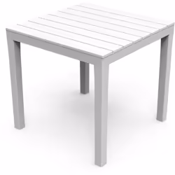 Struttura in resina resistente agli agenti atmosferici, piano effetto doghe legno. Colore bianco. Dimensioni 80x80xH72 cm.