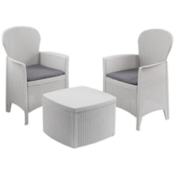 Set salotto da esterno, Set da giardino con 2 poltrone ed 1 tavolino contenitore, Salottino effetto rattan, 100% Made in Italy, Bianco