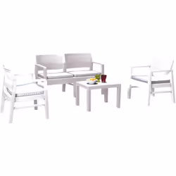 Struttura in resina resistente agli agenti atmosferici. Composto da: 2 poltrone 72x65xH74 cm., divano 121x58xH74 cm. con cusc ...