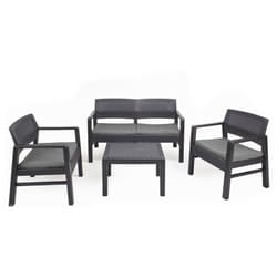 Set salotto da esterno, Set da giardino con 2 poltrone, 1 divano ed 1 tavolino, Salottino effetto rattan con cuscini, 100% Made in Italy, Antracite