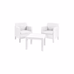 Colore bianco. Struttura in resina effetto rattan resistente agli agenti atmosferici. Composto da: 2 poltrone 63x65xH76 cm., ...