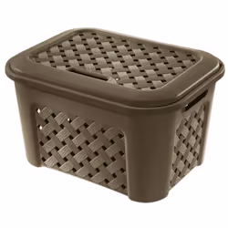 Cestino Arianna traforato, multiuso con coperchio. Capacità 25 L . Dimensioni: 43,5 x 33,5 x h 26 cm. Colore: Wengé.