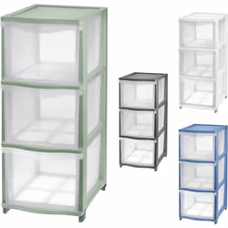 In plastica. A 3 cassetti alti. Dimensioni: cm. 26,8x37xh.63,1.