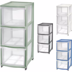 In plastica. A 3 cassetti alti. Dimensioni: cm. 26,8x37xh.63,1.
