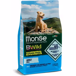 Monge Natural SuperPremium Grain Free Formula Mini Cane Adulto Acciughe con patate e piselli è un alimento completo e bilanci ...
