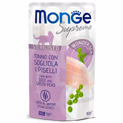 MONGE SUPREME GATTO STERILIZZATO TONNO è un alimento bilanciato per gatti adulti sterilizzati. Formulato appositamente per fa ...