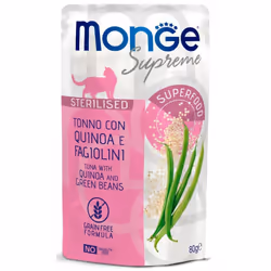 MONGE SUPREME GATTO STERILIZZATO TONNO è un alimento bilanciato per gatti adulti sterilizzati. Formulato appositamente per fa ...