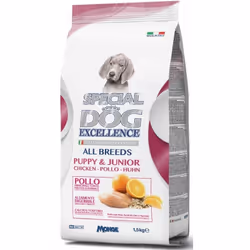 SPECIAL DOG EXCELLENCE ALL BREEDS PUPPY & JUNIOR POLLO è un alimento completo per cuccioli con riso, semi di lino e agrumi. S ...